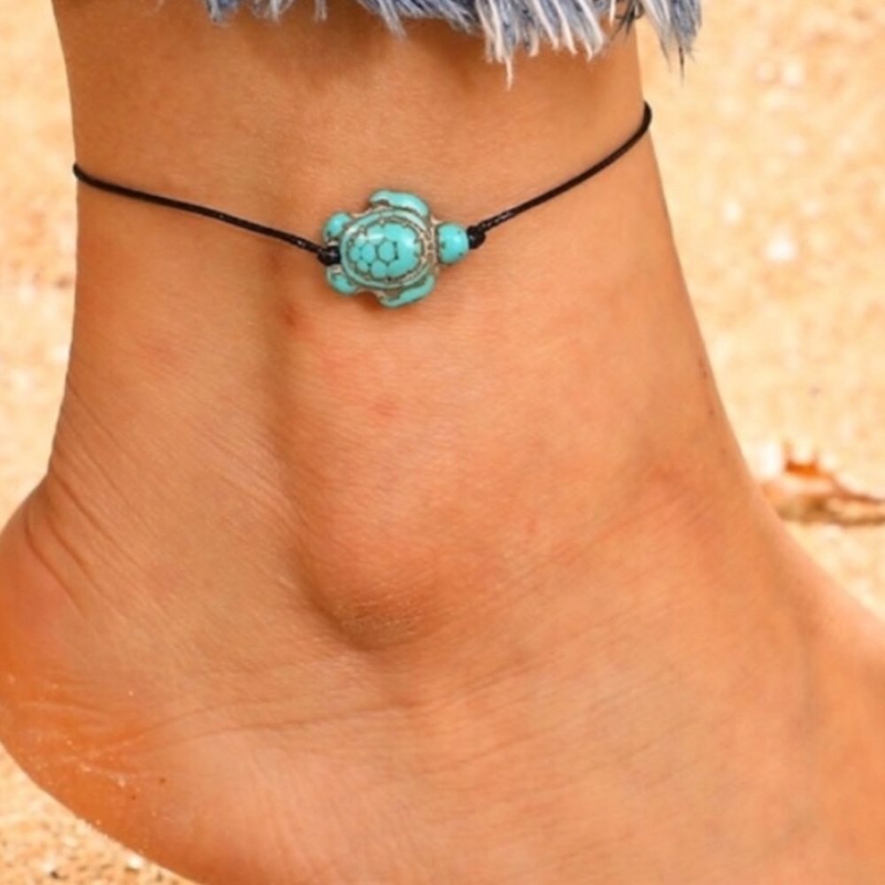 Ocean Dreams Turquoise 🐢 Turtle Anklet with Black Cord